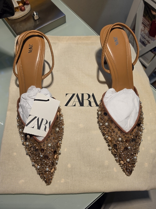 Zara Shoes - Zara Embellished Pointed Slingback Mules in Brown